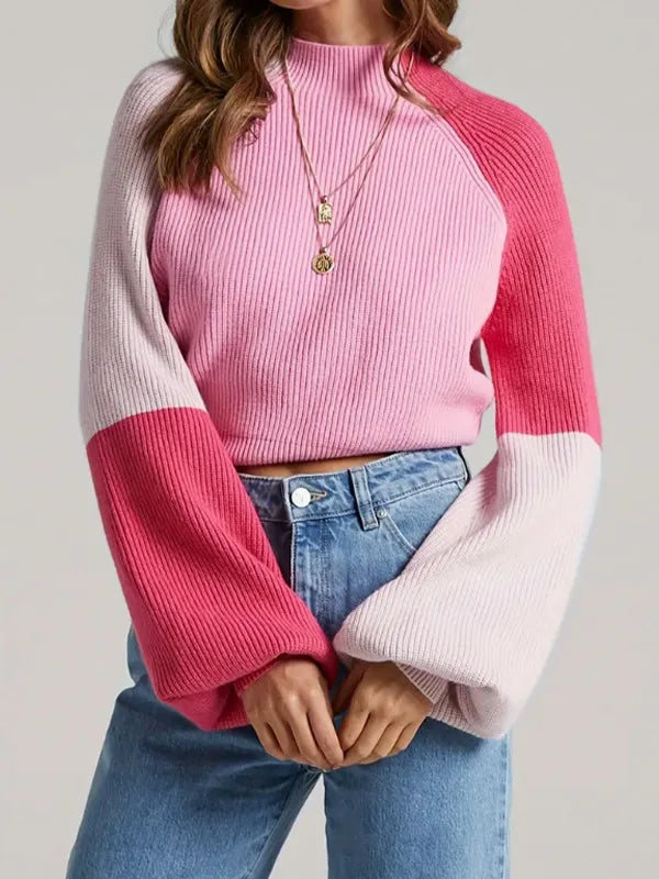 Kameron | Women's Soft Knit Colorblock Sweater  - Color:Pink;Size:XS