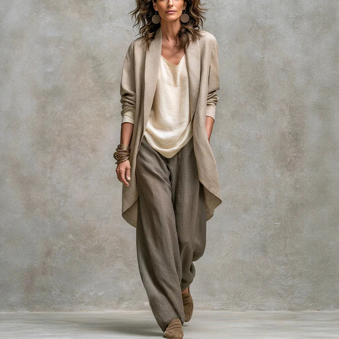 Karen | Women's Three-Piece Set with Cowl Neck Top and Draped Jacket  - Color:Beige Grey;Size:XXS