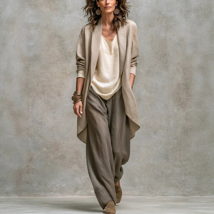 Karen | Women's Three-Piece Set with Cowl Neck Top and Draped Jacket  - Color:Beige Grey;Size:XXS