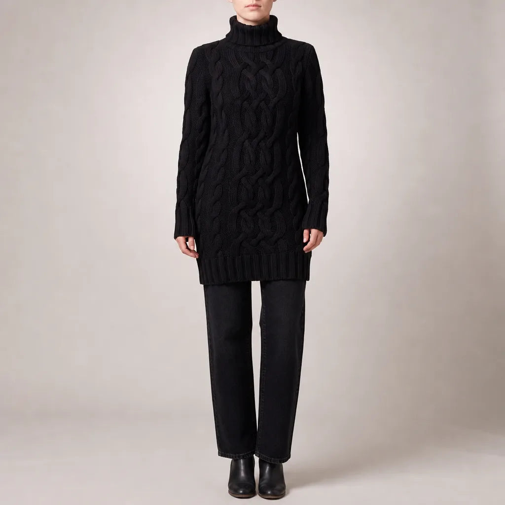 Katherine | Women's Cable Knit Turtleneck Sweater Dress   - Size:S;Color:Black