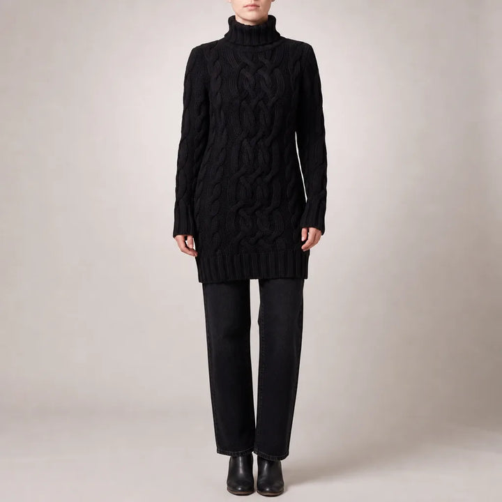 Katherine | Women's Cable Knit Turtleneck Sweater Dress   - Size:S;Color:Black