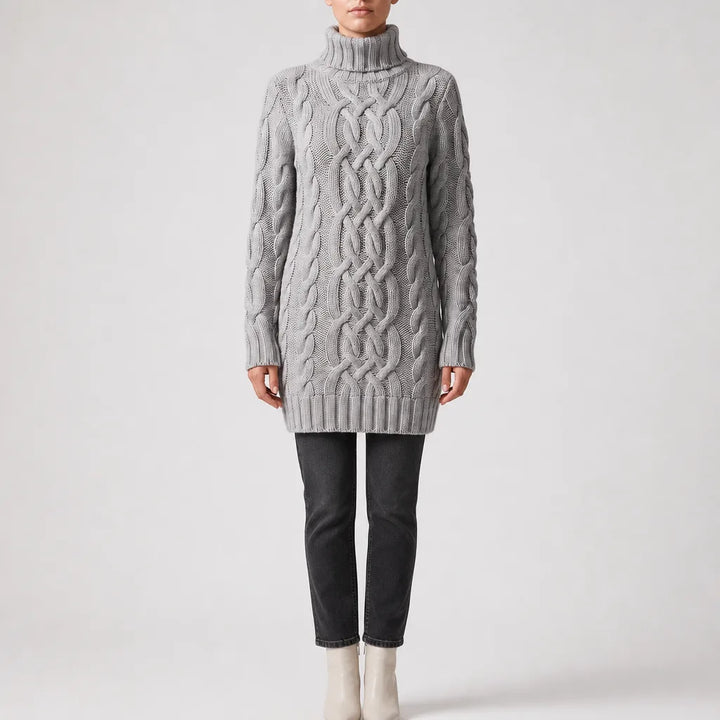 Katherine | Women's Cable Knit Turtleneck Sweater Dress   - Size:S;Color:Grey