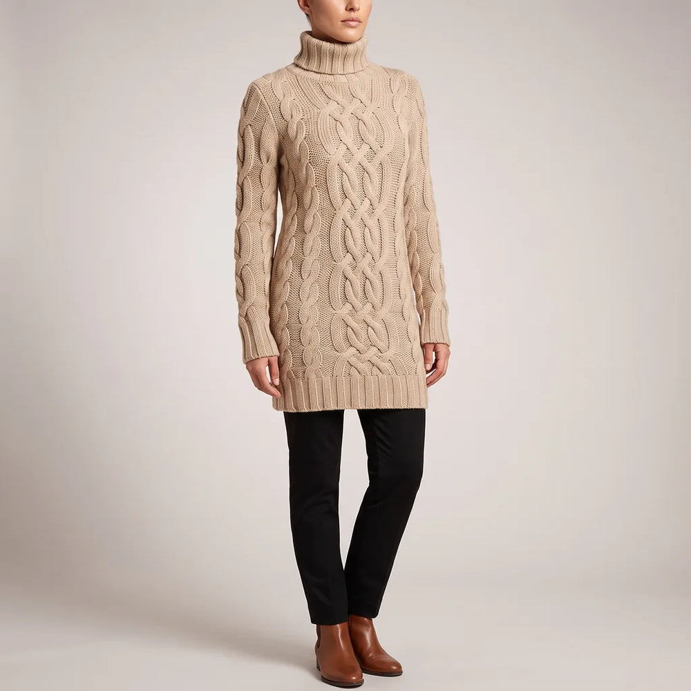 Katherine | Women's Cable Knit Turtleneck Sweater Dress   - Size:S;Color:Khaki