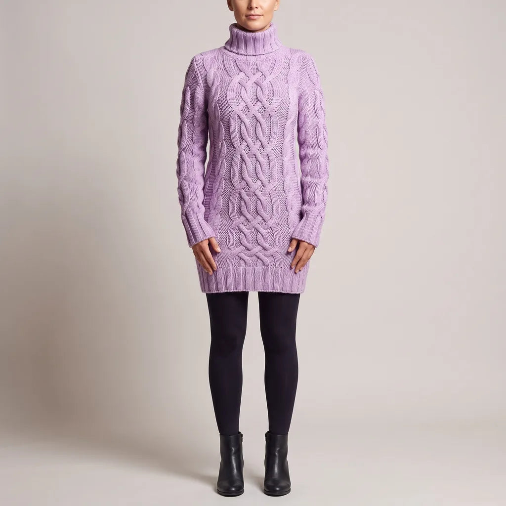 Katherine | Women's Cable Knit Turtleneck Sweater Dress   - Size:S;Color:Purple
