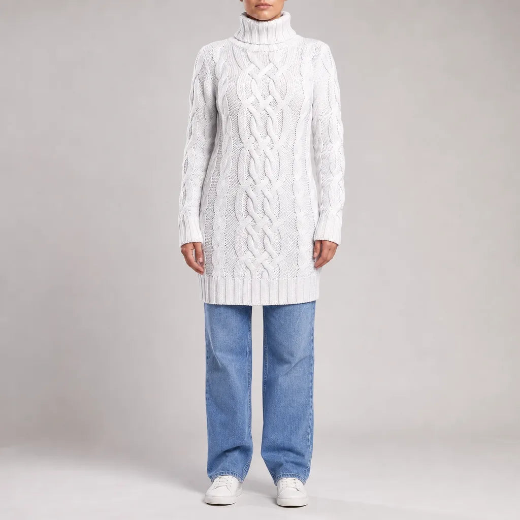 Katherine | Women's Cable Knit Turtleneck Sweater Dress   - Size:S;Color:White