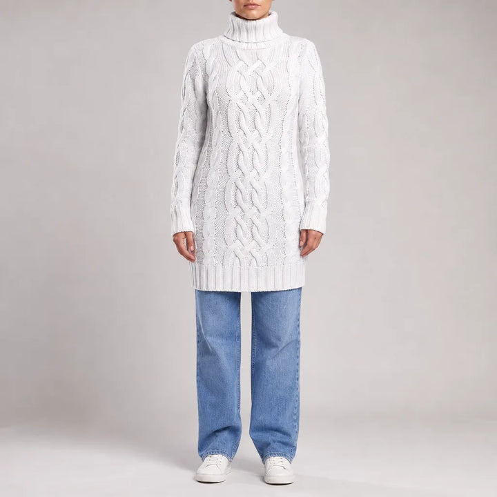 Katherine | Women's Cable Knit Turtleneck Sweater Dress   - Size:S;Color:White