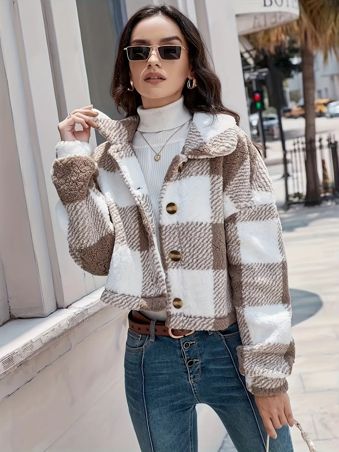 Katie | Women's Warm Plaid Jacket - Color:Khaki;Size:XXS