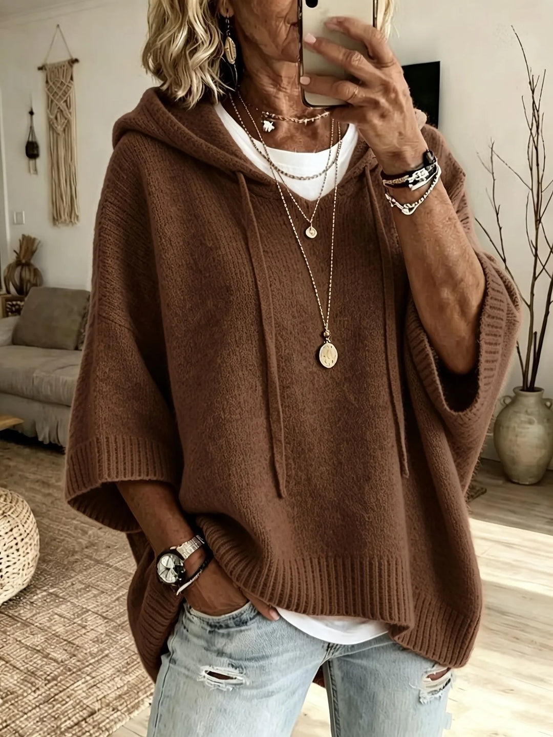 Lena | Women's Soft Knit Hoodie Sweater - Size:XS;Color:Brown