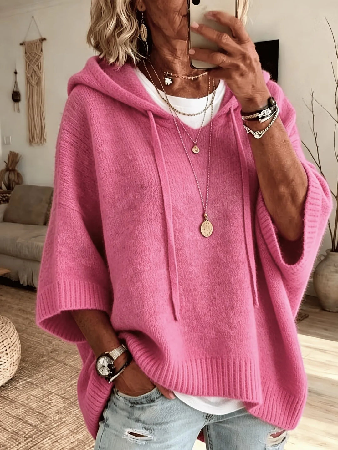 Lena | Women's Soft Knit Hoodie Sweater - Size:XS;Color:Pink