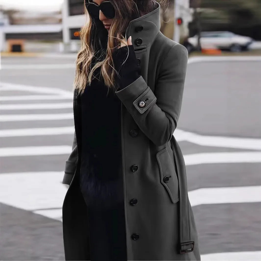 Liberty | Women's Elegant Belted Trench Coat  - Color:Dark Gray;Size:XS