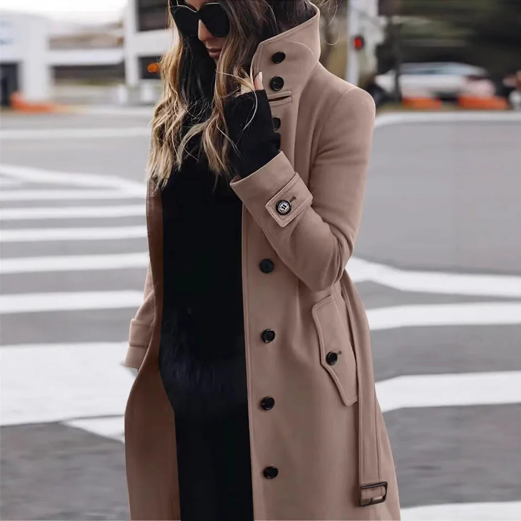 Liberty | Women's Elegant Belted Trench Coat  - Color:Khaki;Size:XS