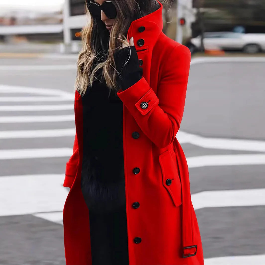 Liberty | Women's Elegant Belted Trench Coat  - Color:Red;Size:XS