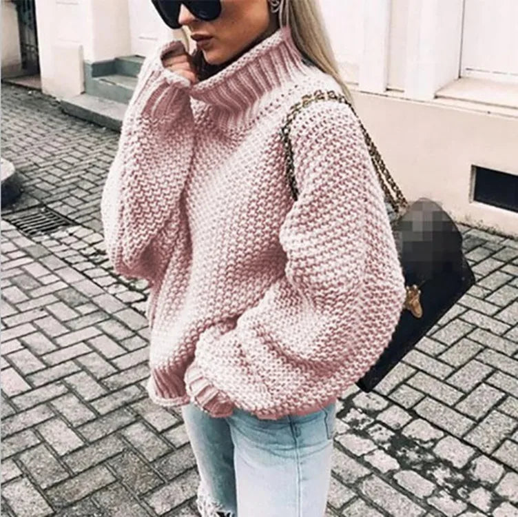 Lilly | Women's Chunky Knit Turtleneck Sweater  - Size:XS;Color:Light Pink