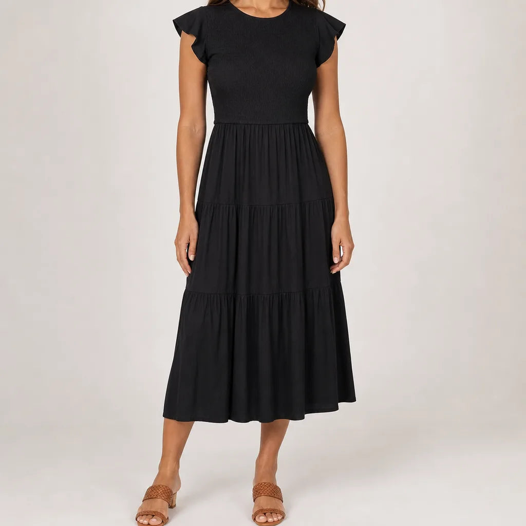 Linnet | Flutter Tiered Midi Dress  - Color:Black;Size:XS