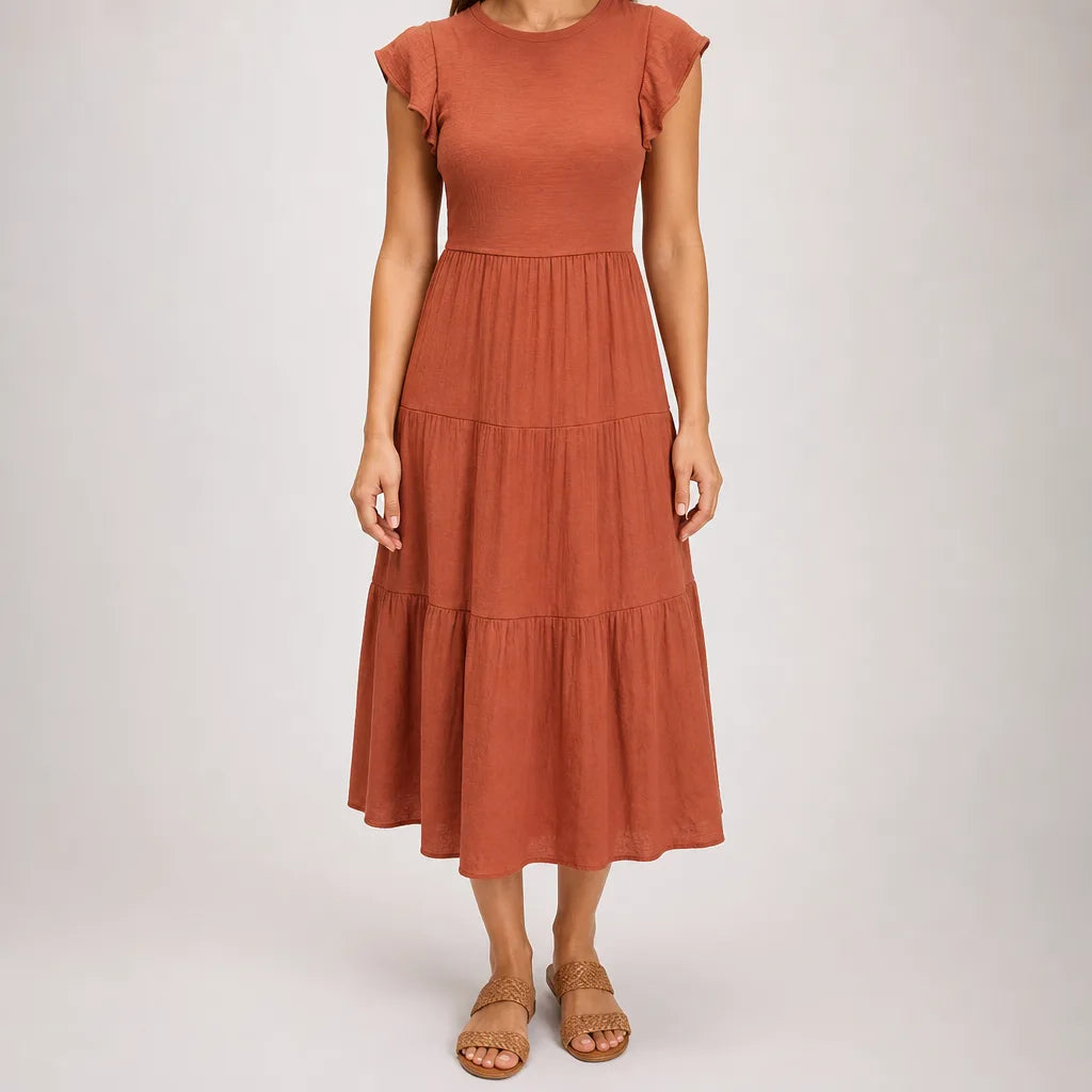 Linnet | Flutter Tiered Midi Dress  - Color:Orange;Size:XS