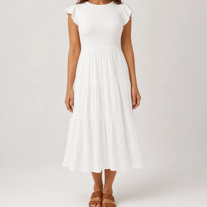 Linnet | Flutter Tiered Midi Dress  - Color:White;Size:XS