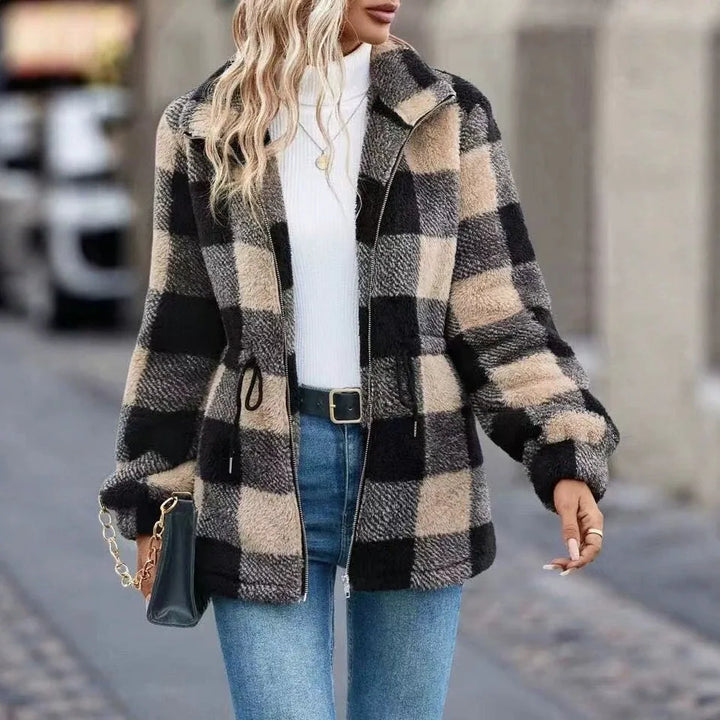 Lottie  | Women's Cozy Flannel Cardigan Jacket - Color:Black & Beige;Size:XS