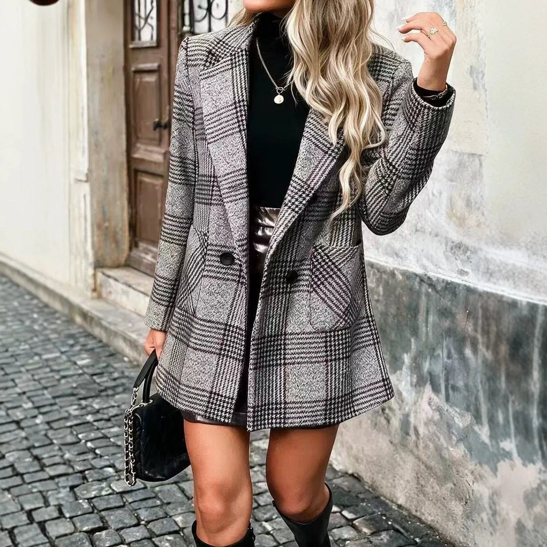 Louisa | Women's Plaid Tweed Coat - Gray