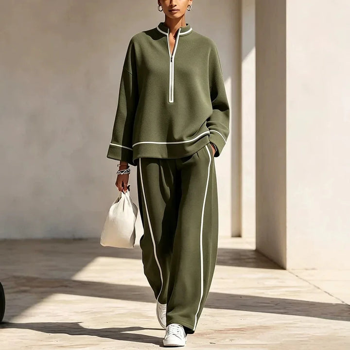 Lyla | Women's Half-Zip Pullover and Wide-Leg Pants Set - Army Green