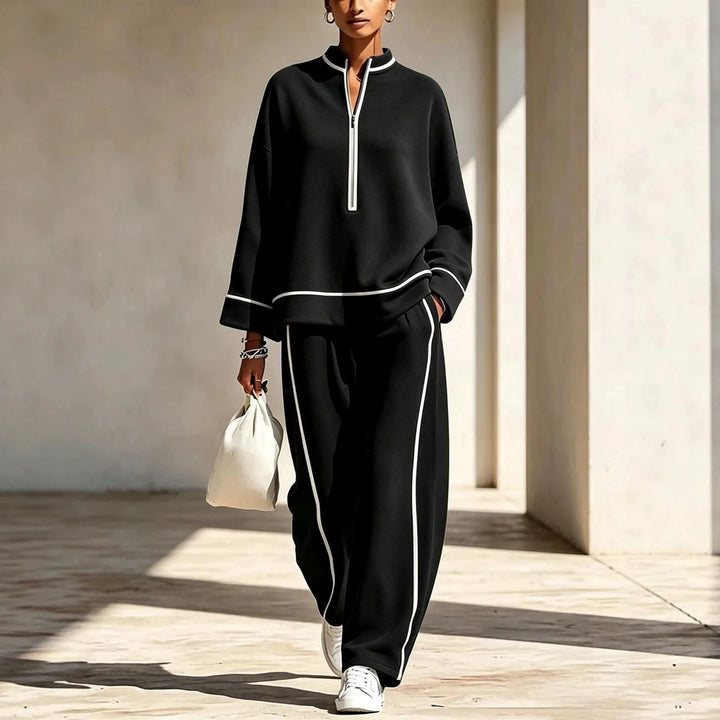 Lyla | Women's Half-Zip Pullover and Wide-Leg Pants Set - Black
