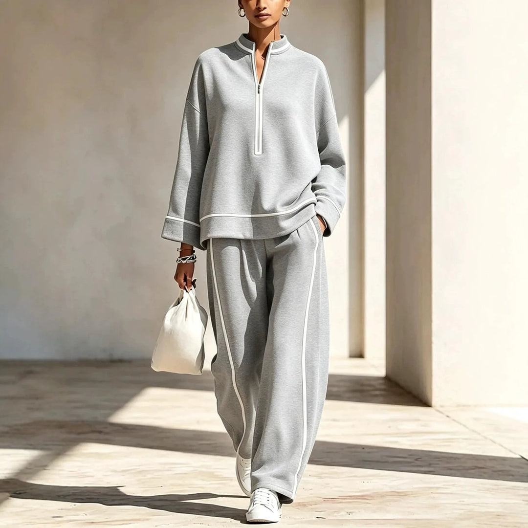 Lyla | Women's Half-Zip Pullover and Wide-Leg Pants Set - Gray