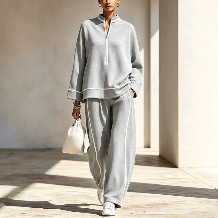 Lyla | Women's Half-Zip Pullover and Wide-Leg Pants Set - Gray