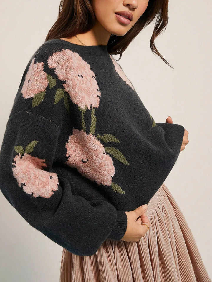 Mabel | Women's Soft Knit Floral Sweater  - Color:Black;Size:XS