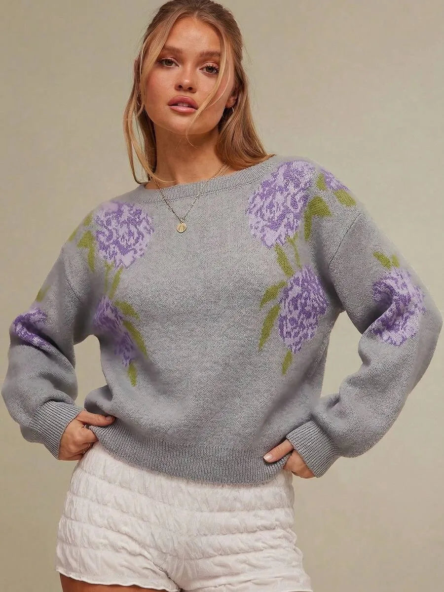 Mabel | Women's Soft Knit Floral Sweater  - Gray