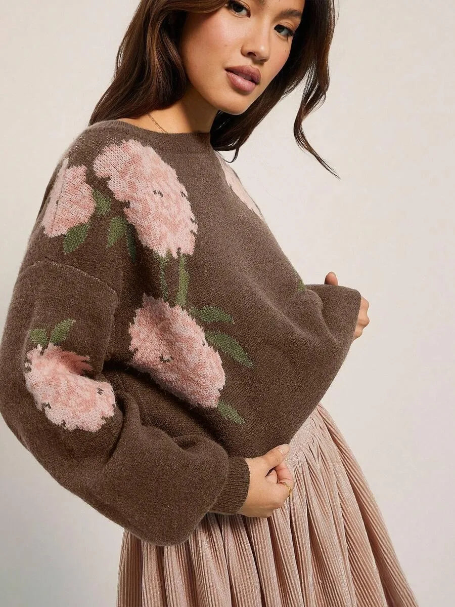 Mabel | Women's Soft Knit Floral Sweater  - Color:Pink;Size:XS