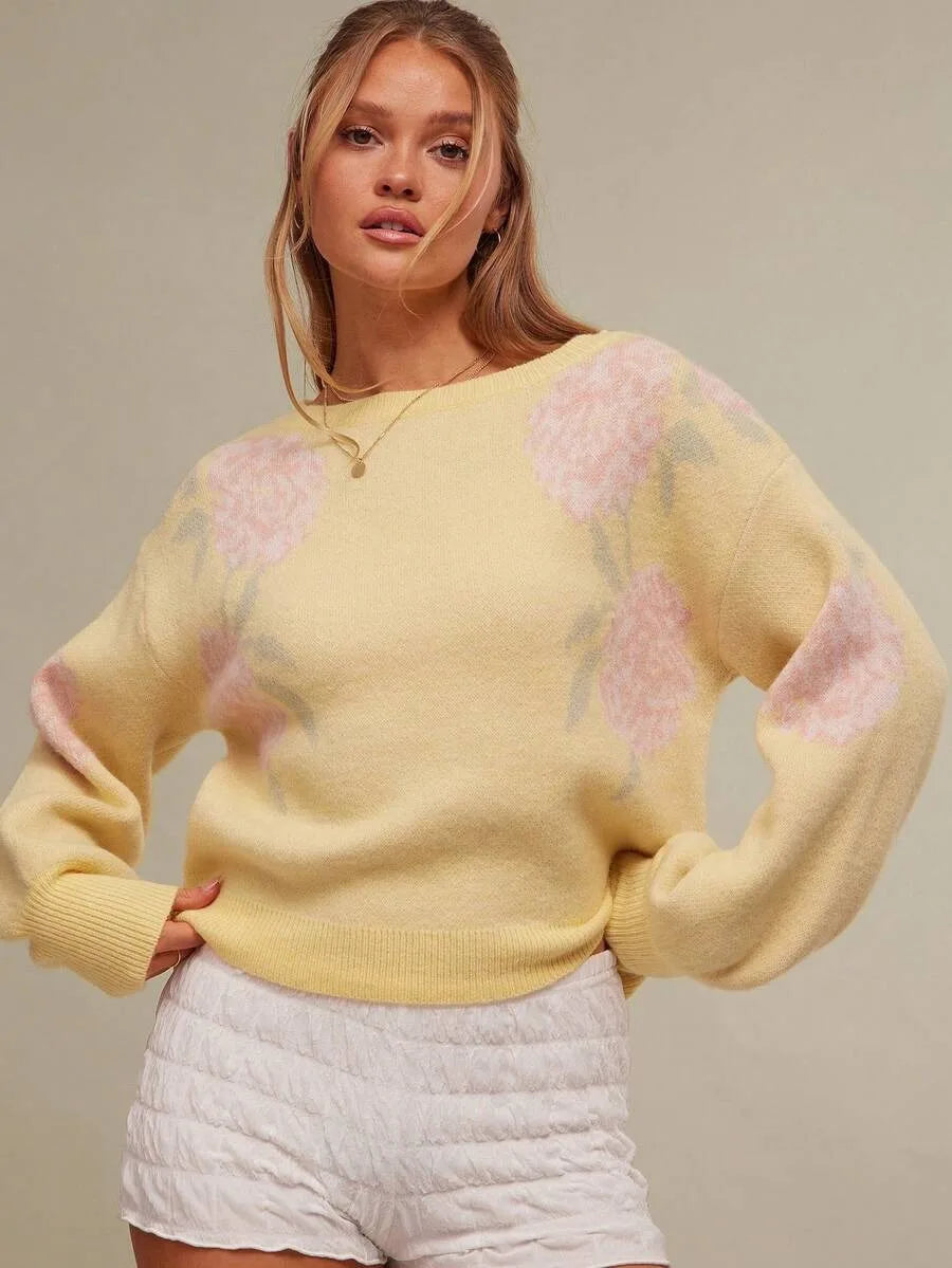 Mabel | Women's Soft Knit Floral Sweater  - Color:Yellow;Size:XS