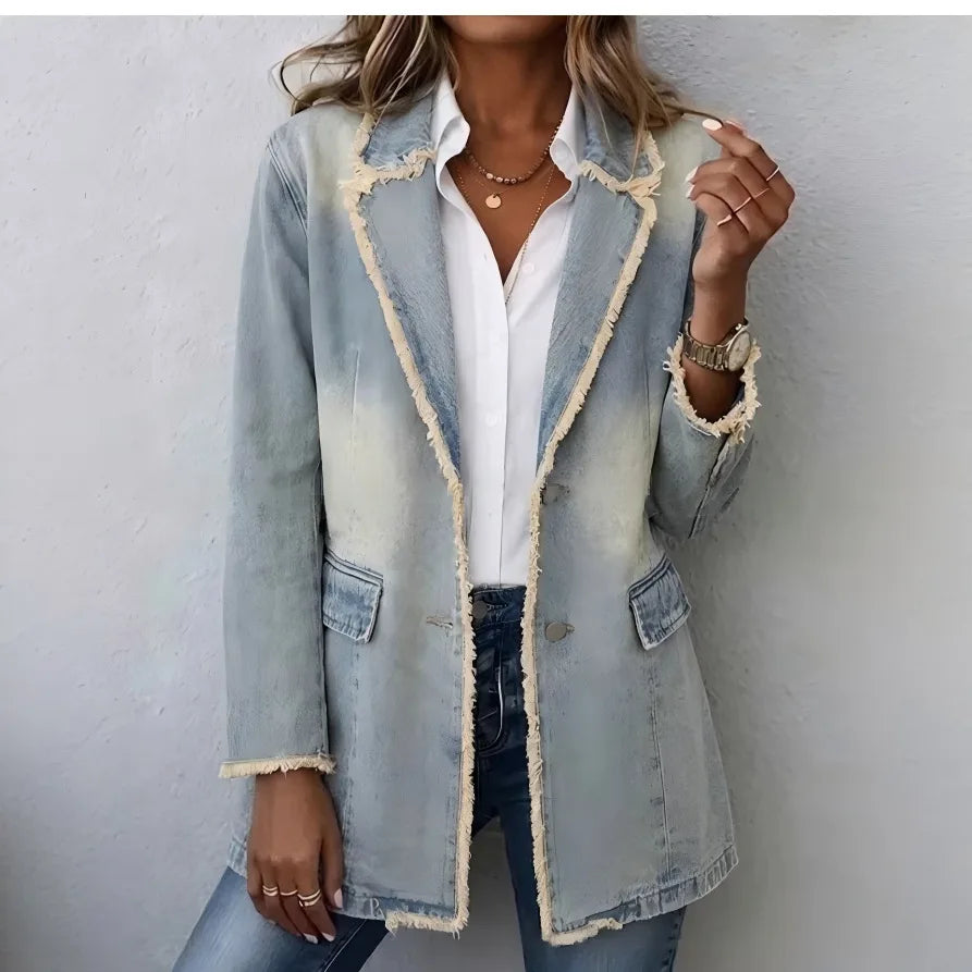Madison | Women's Oversized Raw-Edge Blazer  - Color:Light Wash Blue;Size:XS