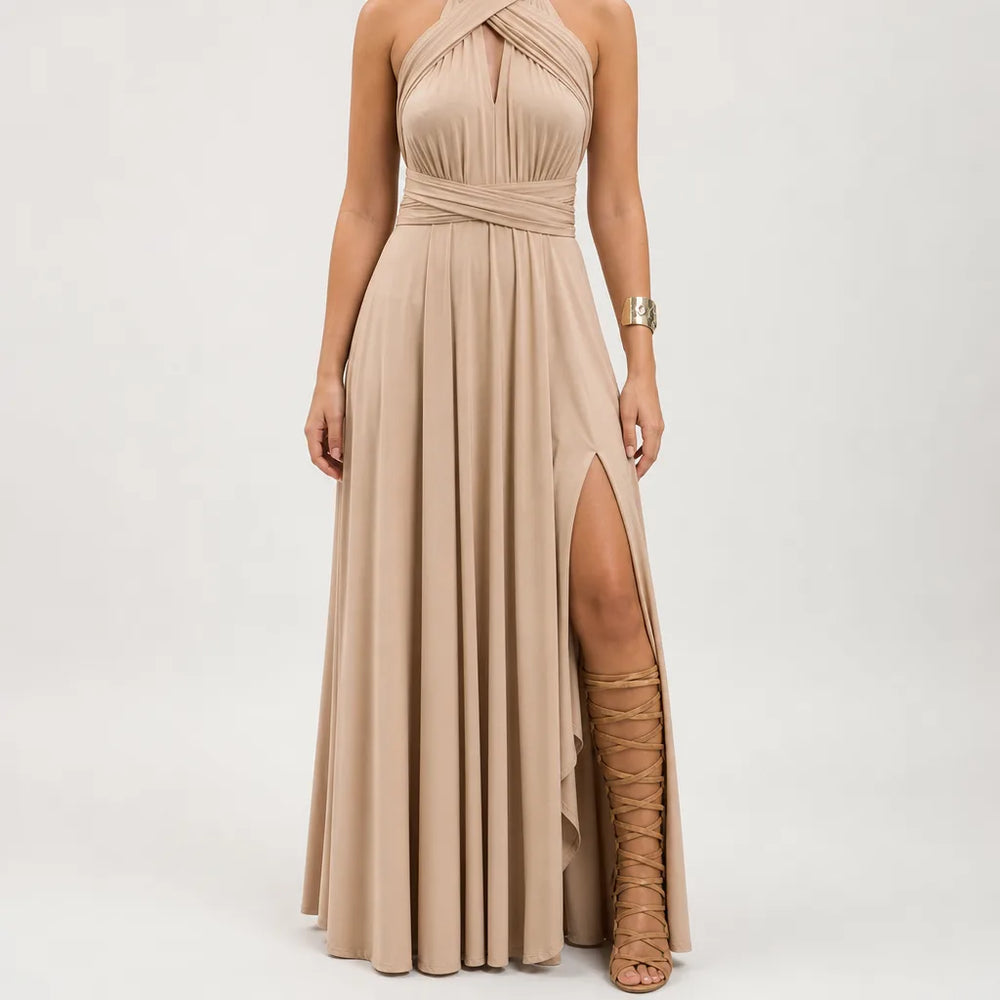 Maisie | Elegant Evening Cocktail Maxi Dress - Color:Beige;Size:XS
