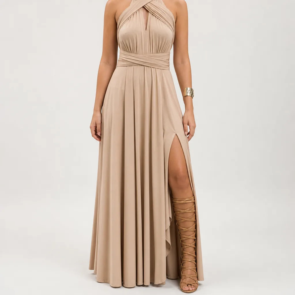 Maisie | Elegant Evening Cocktail Maxi Dress - Color:Beige;Size:XS