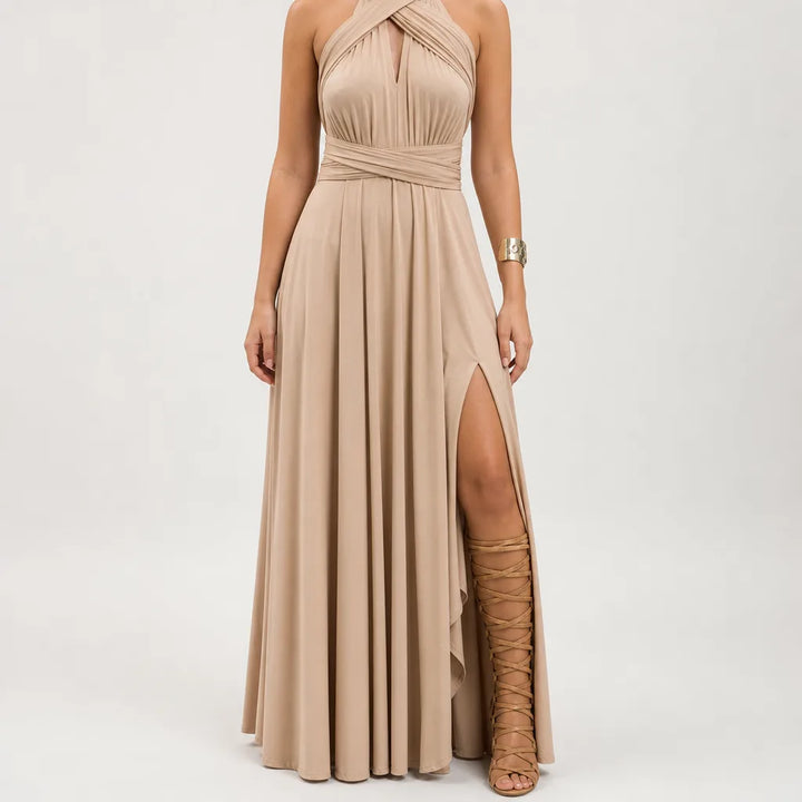 Maisie | Elegant Evening Cocktail Maxi Dress - Color:Beige;Size:XS