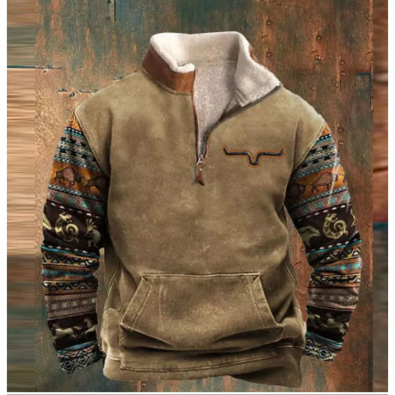 Maison | Men's Fleece Quarter Zip Western Sweater  - Size:XS;Color:Khaki