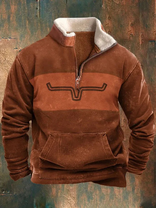 Maison | Men's Fleece Quarter Zip Western Sweater  - Size:XS;Color:Orange