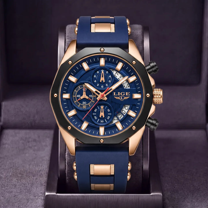 Marcus | Chronograph Watch - Color:Rose Gold Blue