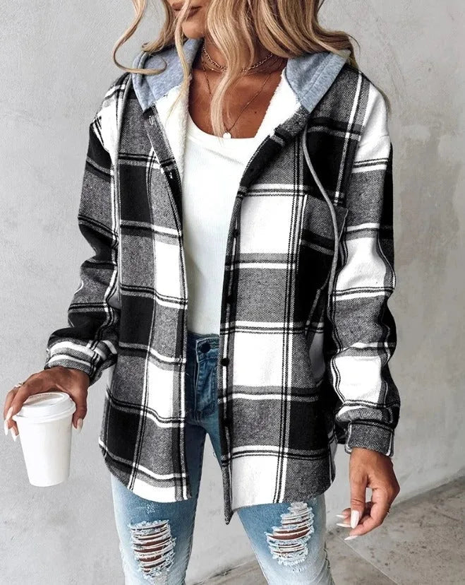 Margareth | Women's Flannel Hoodie Shirt - Color:Black;Size:XS