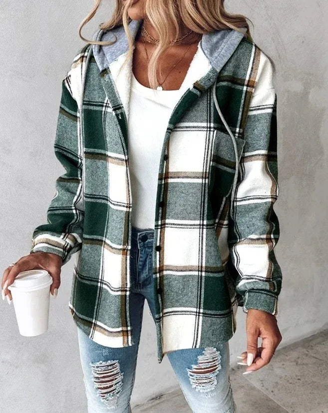 Margareth | Women's Flannel Hoodie Shirt - Color:Green;Size:XS