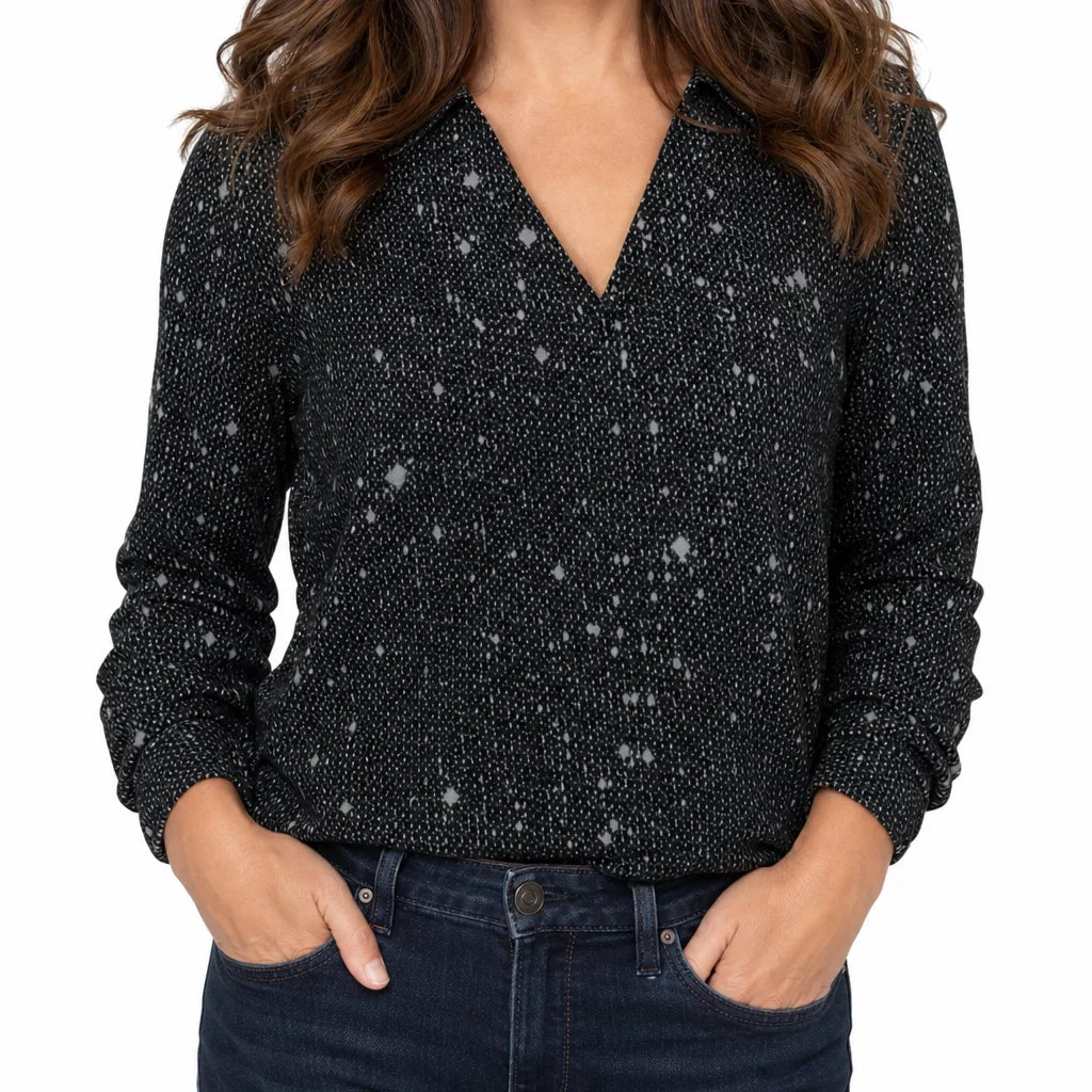 Margaux | Women's Glitter V-Neck Blouse - Color:Black;Size:XS