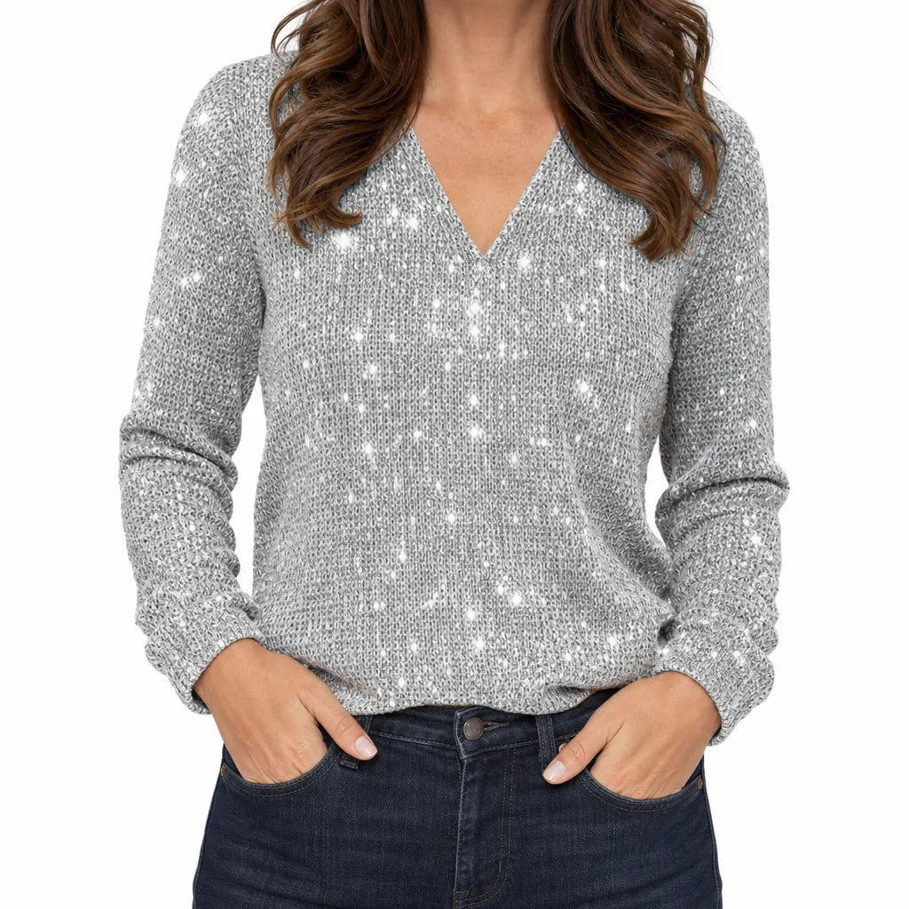 Margaux | Women's Glitter V-Neck Blouse - Color:Silver;Size:XS