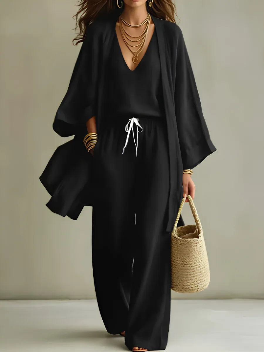 Mari | Women's Three-Piece Set with Open-Front Jacket and Wide-Leg Pants  - Color:Black;Size:XS