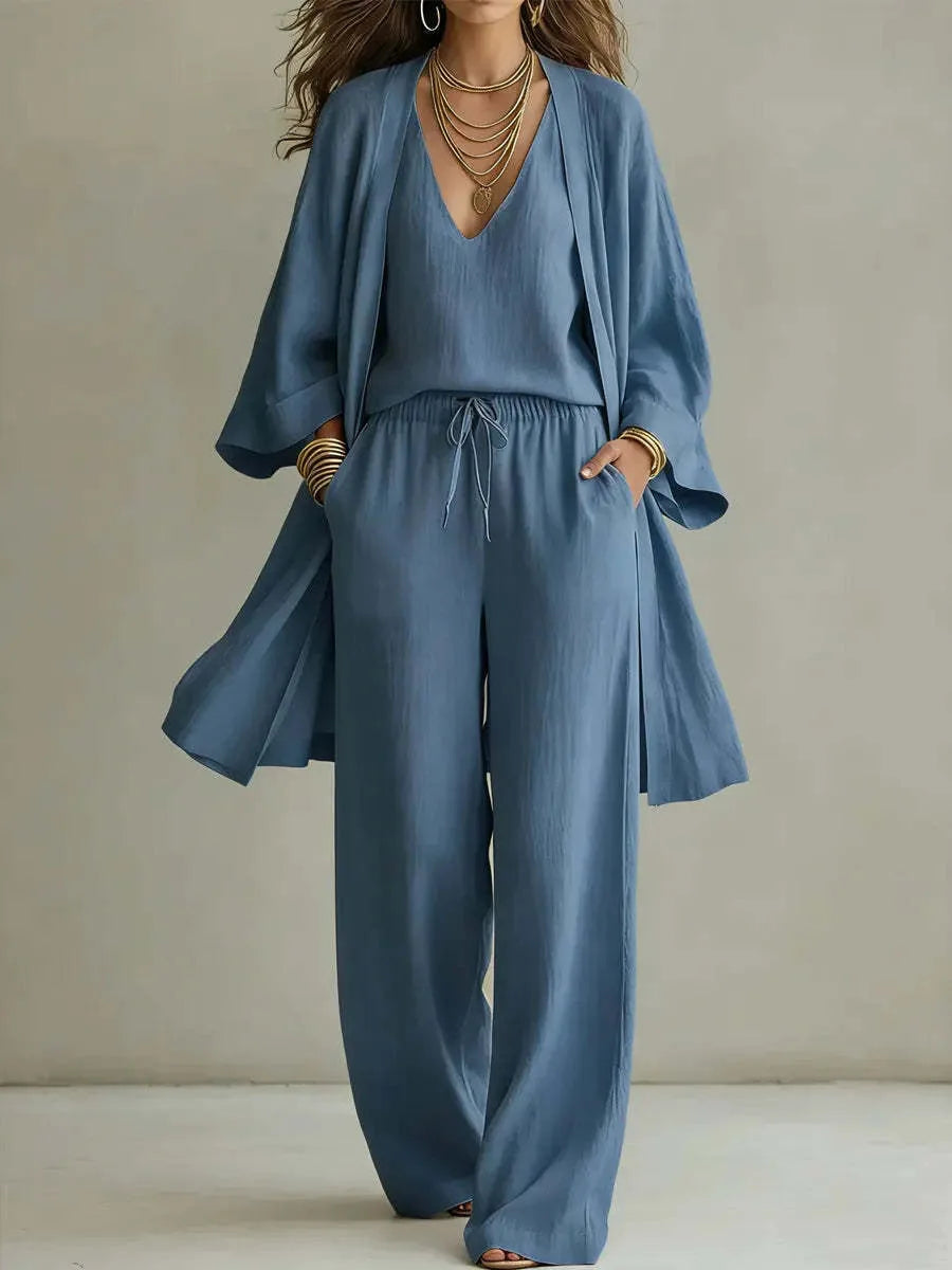 Mari | Women's Three-Piece Set with Open-Front Jacket and Wide-Leg Pants  - Color:Blue;Size:XS