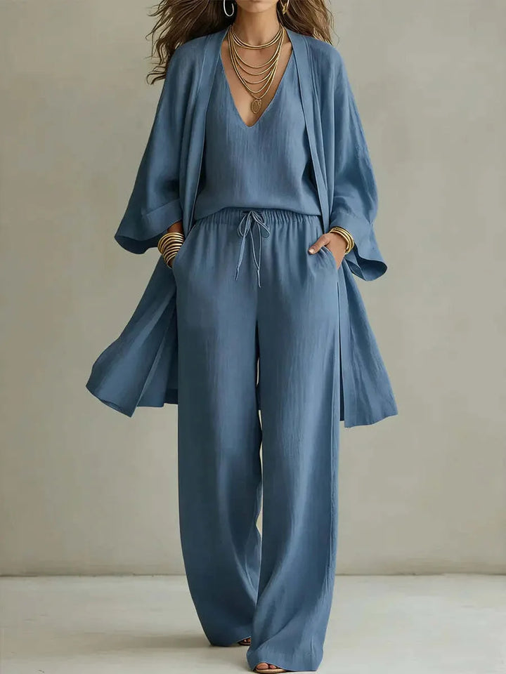 Mari | Women's Three-Piece Set with Open-Front Jacket and Wide-Leg Pants  - Color:Blue;Size:XS
