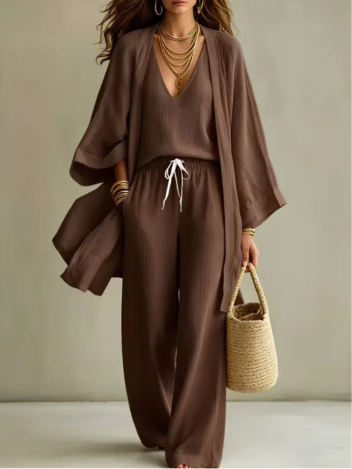 Mari | Women's Three-Piece Set with Open-Front Jacket and Wide-Leg Pants  - Color:Brown;Size:XS