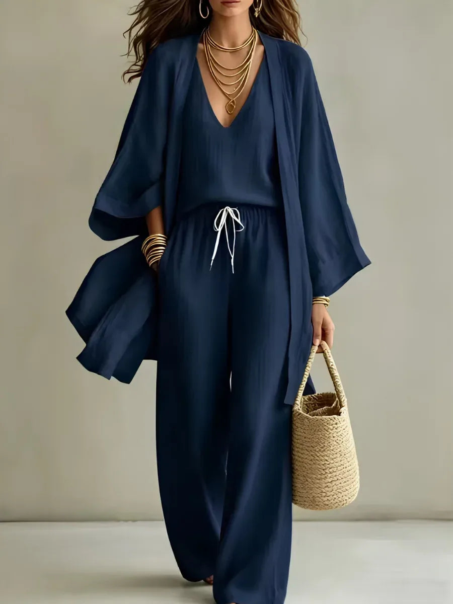 Mari | Women's Three-Piece Set with Open-Front Jacket and Wide-Leg Pants  - Color:Dark Blue;Size:XS