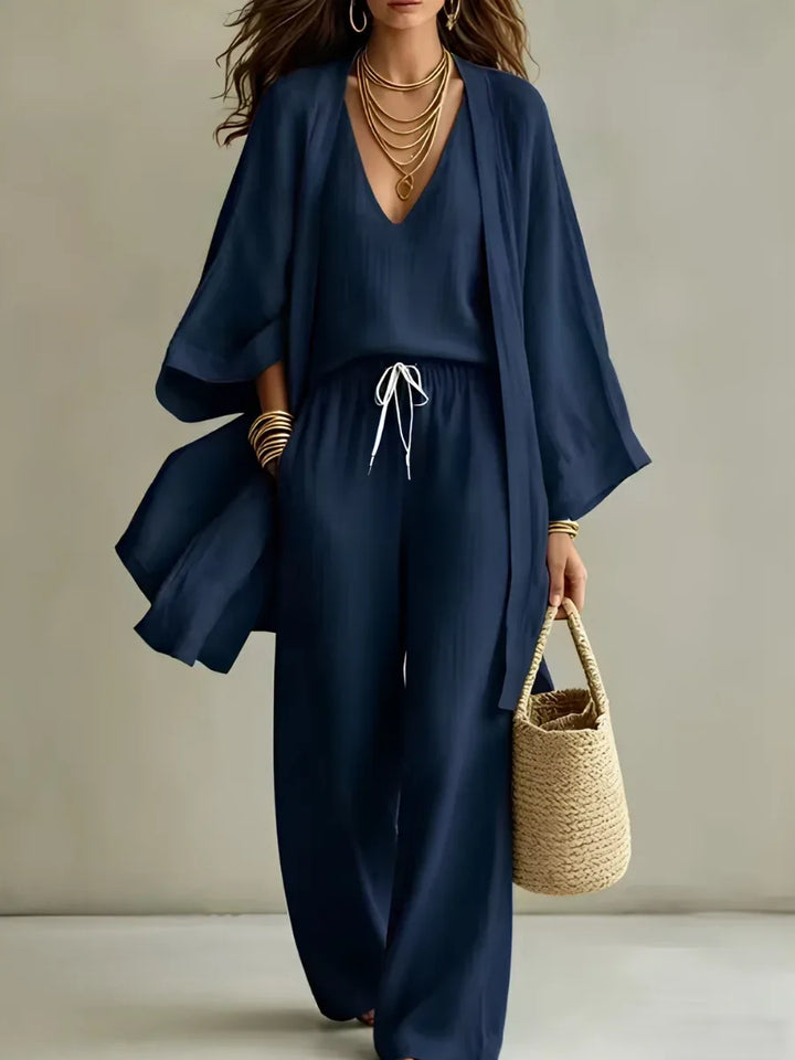 Mari | Women's Three-Piece Set with Open-Front Jacket and Wide-Leg Pants  - Color:Dark Blue;Size:XS