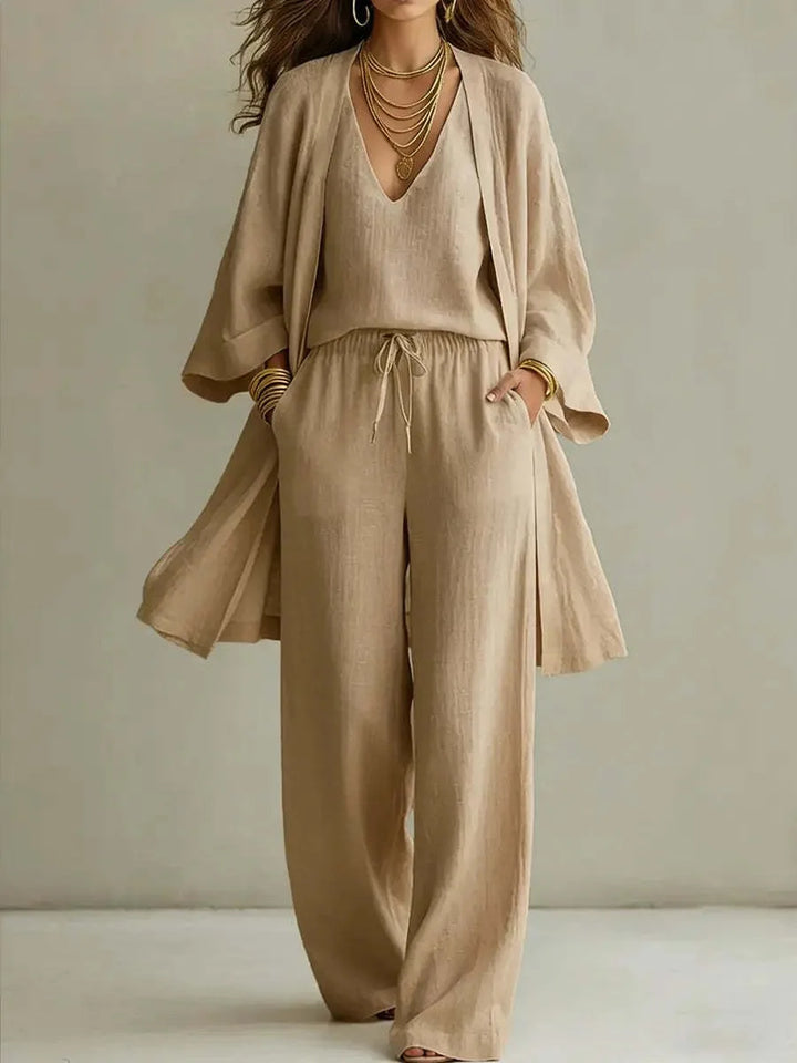 Mari | Women's Three-Piece Set with Open-Front Jacket and Wide-Leg Pants  - Color:Khaki;Size:XS