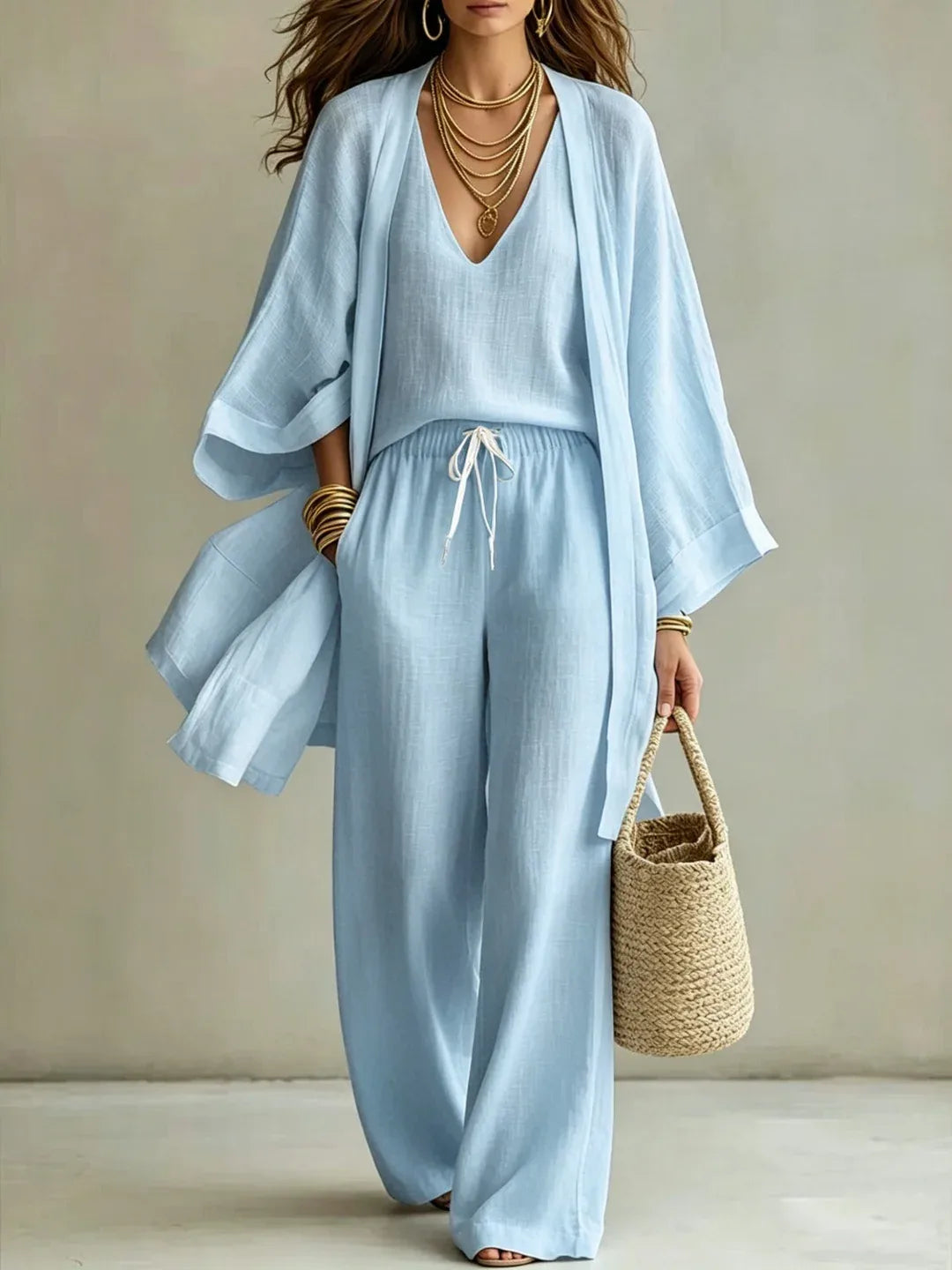 Mari | Women's Three-Piece Set with Open-Front Jacket and Wide-Leg Pants  - Color:Light Blue;Size:XS