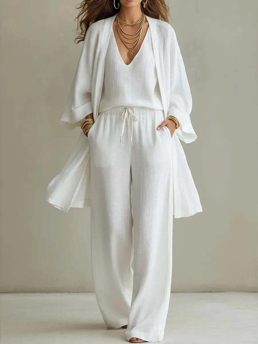 Mari | Women's Three-Piece Set with Open-Front Jacket and Wide-Leg Pants  - Color:White;Size:XS